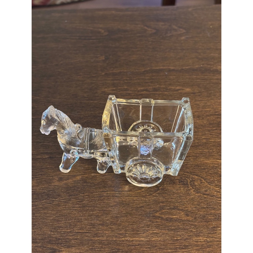 Antique Clear Pressed Glass Horse Cart Toothpick Holder EAPG Wagon Dish